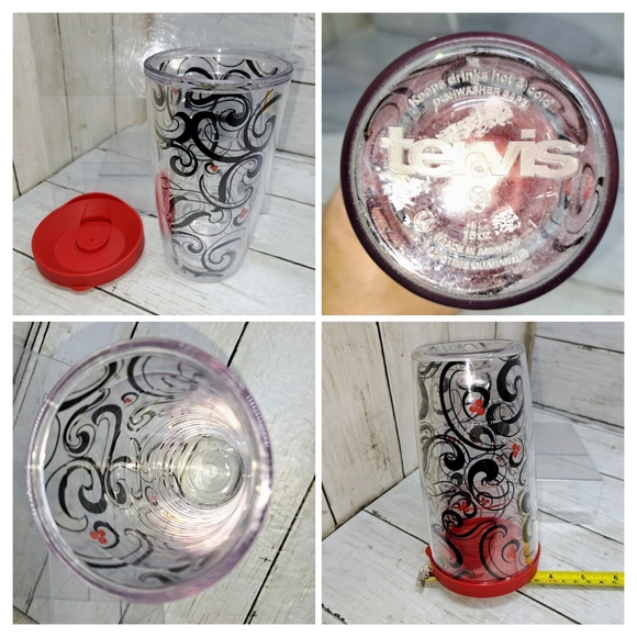Tervis Tumbler 16oz Red Lid Clear Plastic Black Swirl Pattern Travel Drinkware - Picture 2 of 8